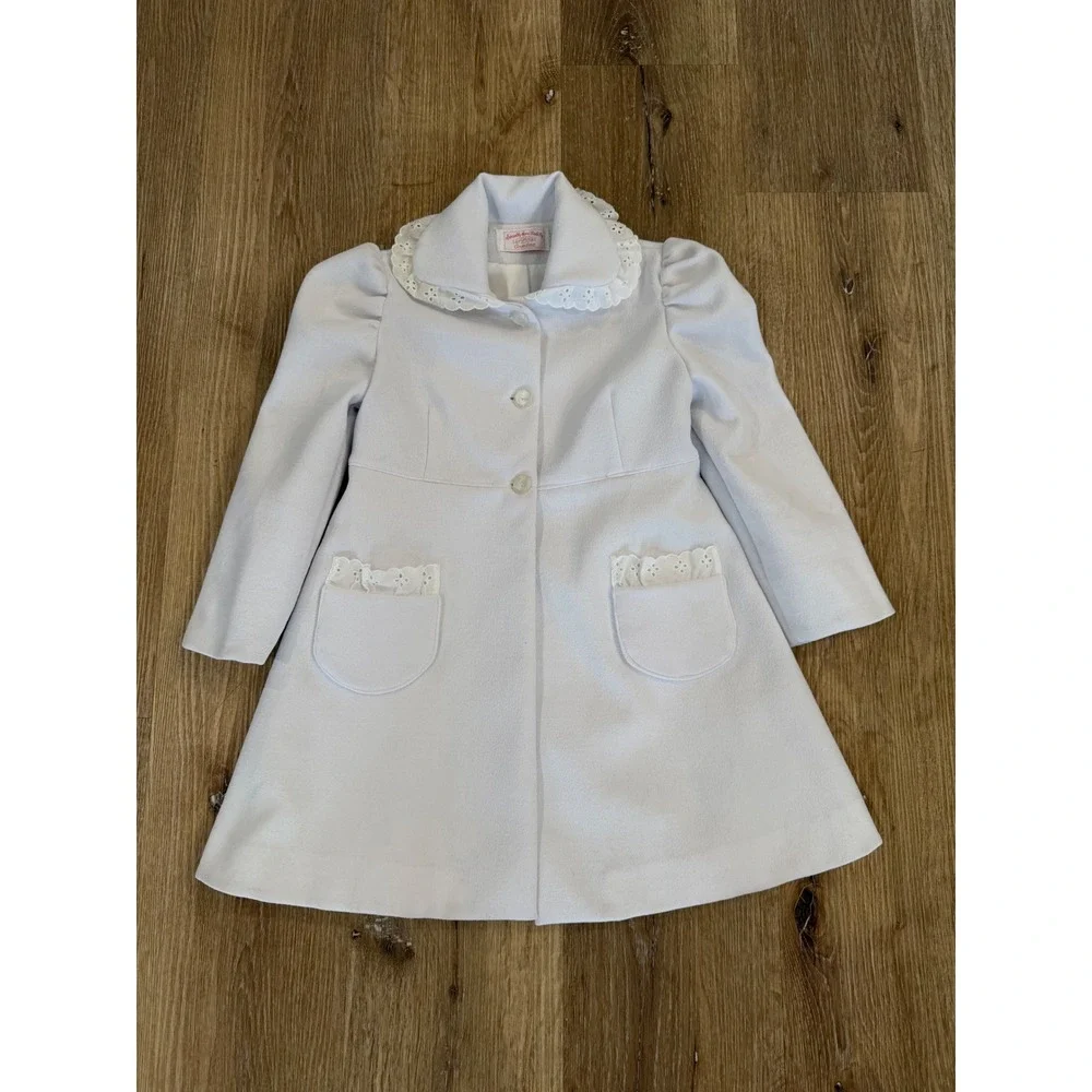 Eyelet Lace Trim Dress Coat Kids Sz 4 White A-Line Formal Outerwear Handmade